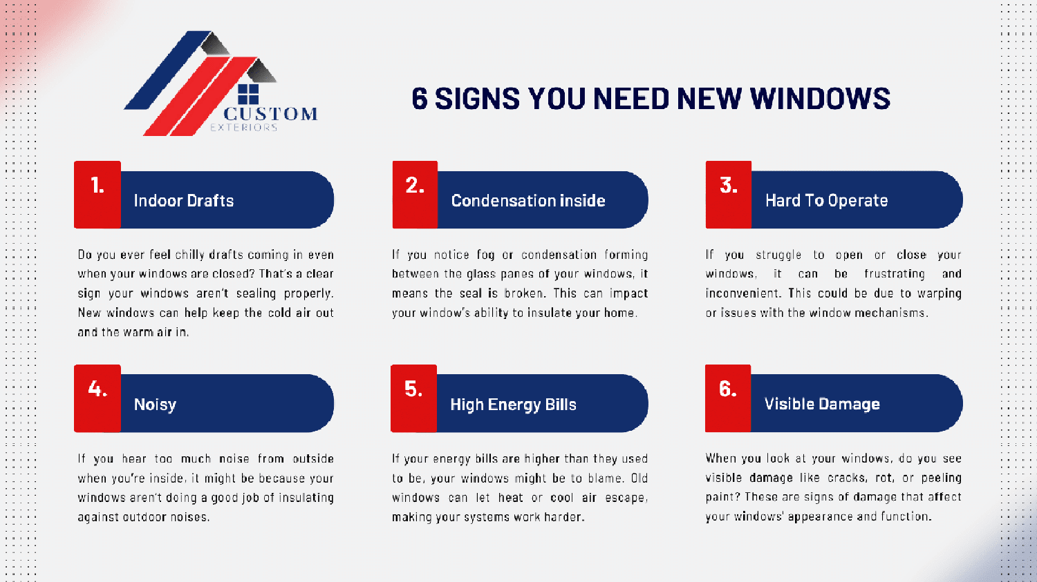 New windows (1) - Custom Exteriors, LLC - Custom Exteriors, LLC Infographic designed to explain 6 signs you need new windows