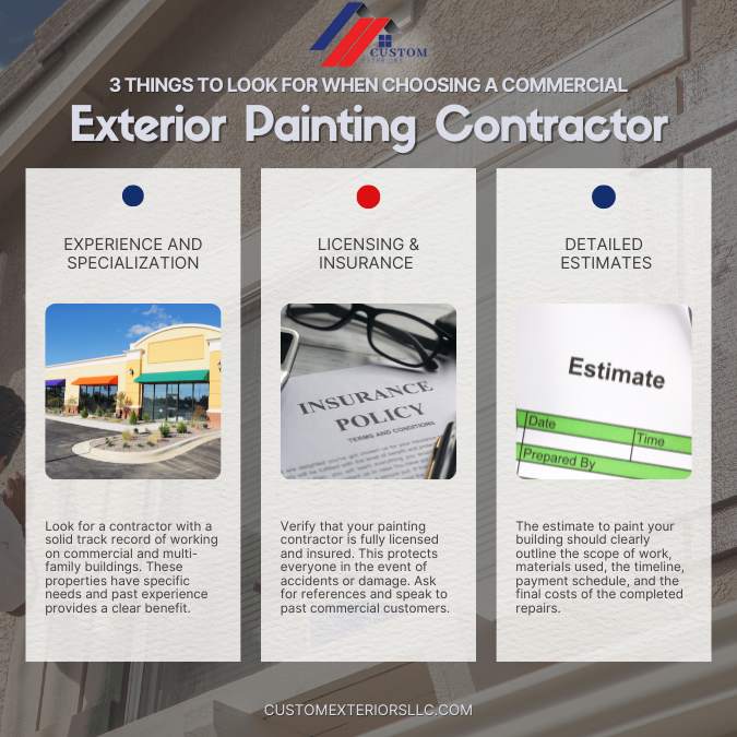 choosing a painting contractor - Custom Exteriors, LLC - Custom Exteriors, LLC Infographic created by Custom Exteriors explaining 3 top things to look for in a commercial painter