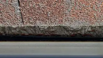 ios_4m1eqa_gmjbe0 copy - Custom Exteriors, LLC Shingle granules gathering in the gutter of Berthoud home.