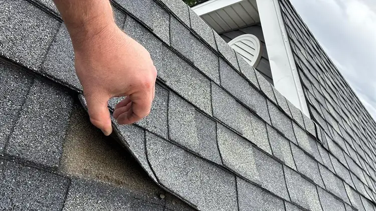 Wind damage shingles Fort Collins - Custom Exteriors, LLC Shingles blown up by wind being repaired by Custom Exteriors.